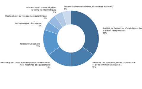 Graphique montrant les secteurs d'activités principaux des ingénieur.es diplômé.es de la spécialité Informatique et Ingénierie Mathématique